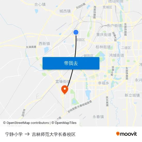 宁静小学 to 吉林师范大学长春校区 map