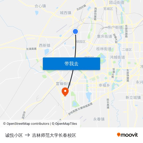 诚悦小区 to 吉林师范大学长春校区 map