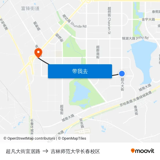 超凡大街宜居路 to 吉林师范大学长春校区 map