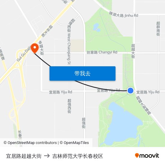 宜居路超越大街 to 吉林师范大学长春校区 map