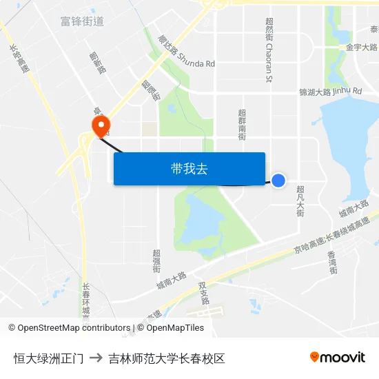 恒大绿洲正门 to 吉林师范大学长春校区 map