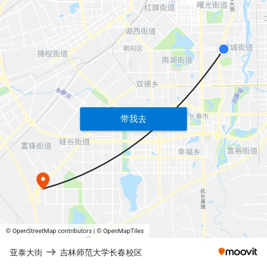 亚泰大街 to 吉林师范大学长春校区 map