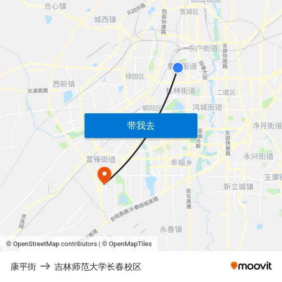 康平街 to 吉林师范大学长春校区 map