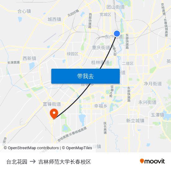 台北花园 to 吉林师范大学长春校区 map