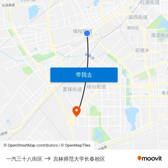 一汽三十八街区 to 吉林师范大学长春校区 map