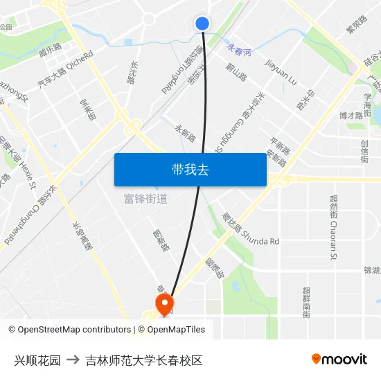 兴顺花园 to 吉林师范大学长春校区 map