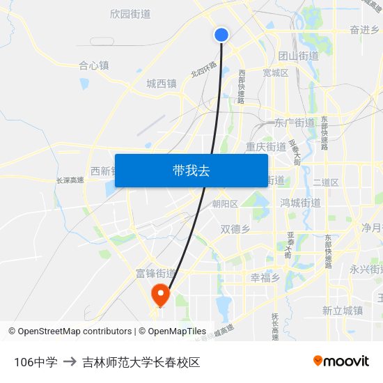 106中学 to 吉林师范大学长春校区 map