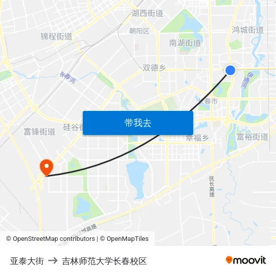 亚泰大街 to 吉林师范大学长春校区 map