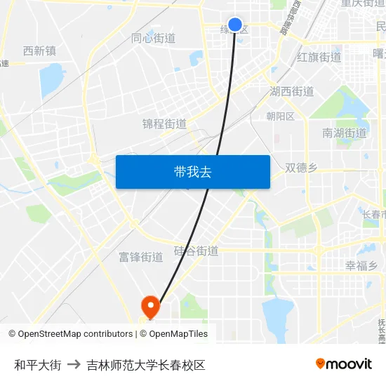 和平大街 to 吉林师范大学长春校区 map