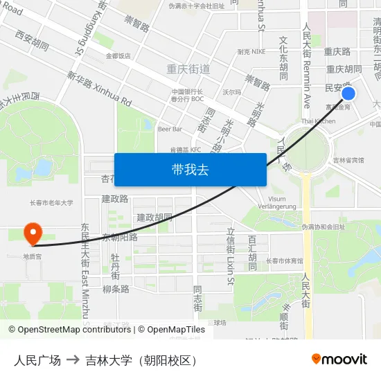 人民广场 to 吉林大学（朝阳校区） map