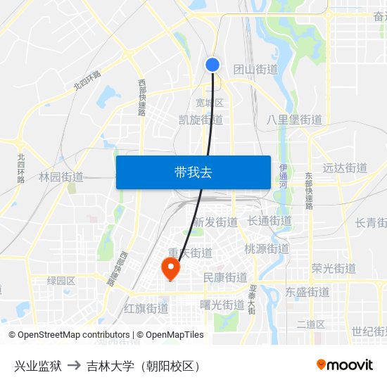 兴业监狱 to 吉林大学（朝阳校区） map