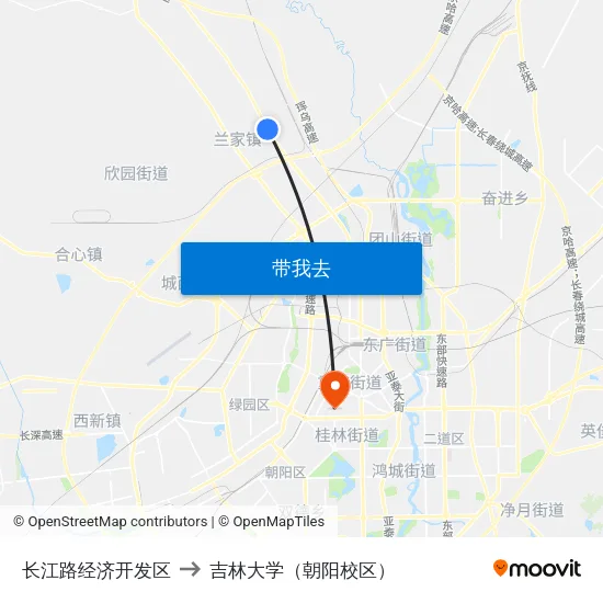 长江路经济开发区 to 吉林大学（朝阳校区） map