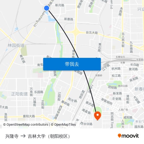 兴隆寺 to 吉林大学（朝阳校区） map