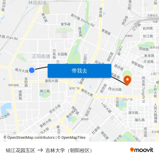 锦江花园五区 to 吉林大学（朝阳校区） map