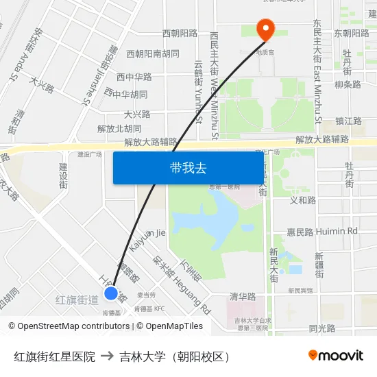 红旗街红星医院 to 吉林大学（朝阳校区） map