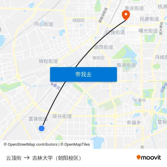 云顶街 to 吉林大学（朝阳校区） map