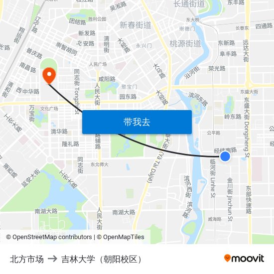 北方市场 to 吉林大学（朝阳校区） map