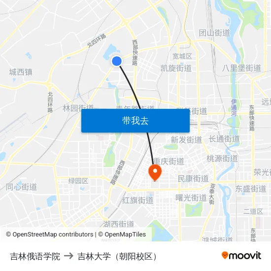 吉林俄语学院 to 吉林大学（朝阳校区） map