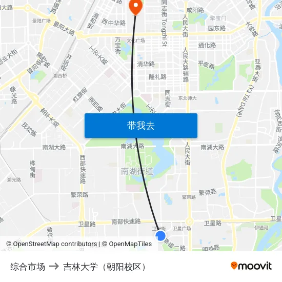 综合市场 to 吉林大学（朝阳校区） map