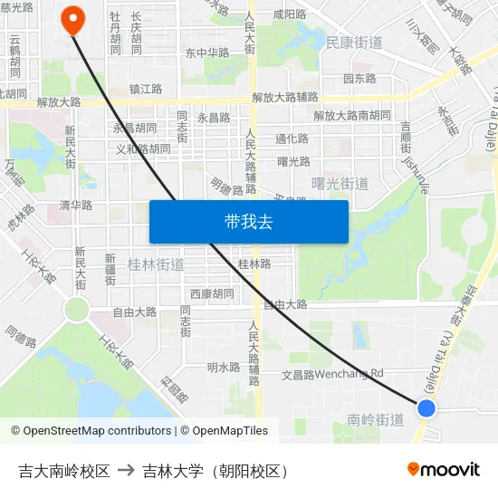 吉大南岭校区 to 吉林大学（朝阳校区） map