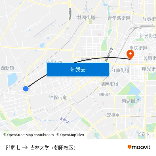 邵家屯 to 吉林大学（朝阳校区） map