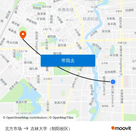 北方市场 to 吉林大学（朝阳校区） map