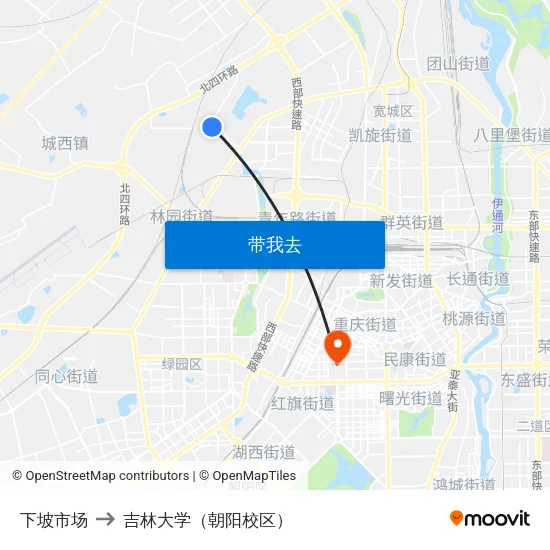 下坡市场 to 吉林大学（朝阳校区） map