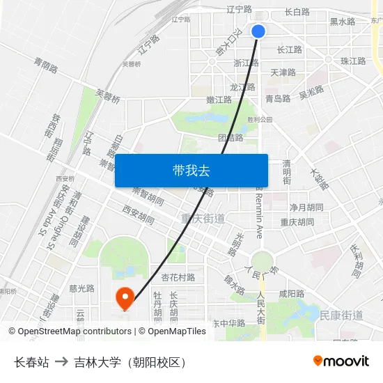 长春站 to 吉林大学（朝阳校区） map