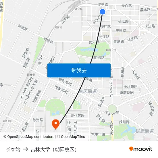 长春站 to 吉林大学（朝阳校区） map