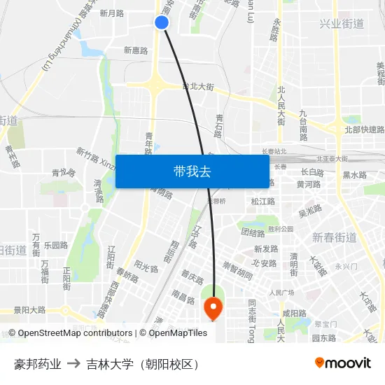 豪邦药业 to 吉林大学（朝阳校区） map
