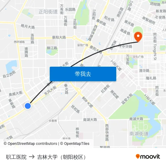 职工医院 to 吉林大学（朝阳校区） map