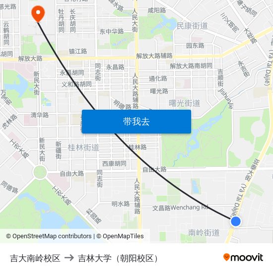 吉大南岭校区 to 吉林大学（朝阳校区） map