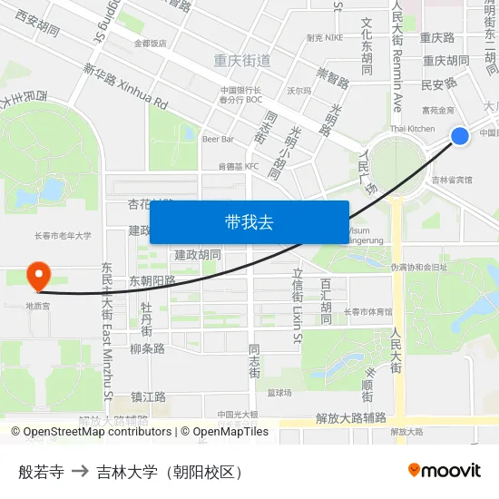 般若寺 to 吉林大学（朝阳校区） map