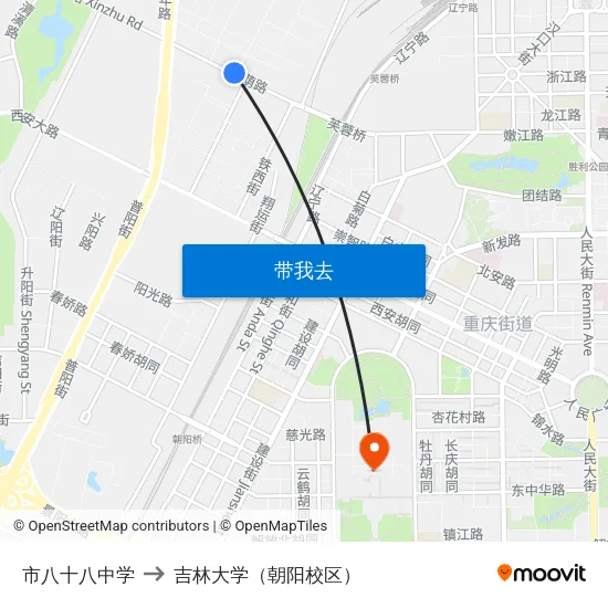 市八十八中学 to 吉林大学（朝阳校区） map