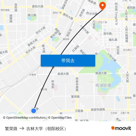 繁荣路 to 吉林大学（朝阳校区） map