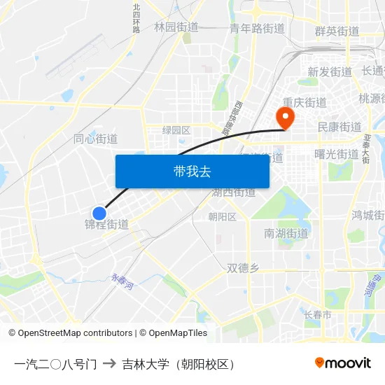 一汽二〇八号门 to 吉林大学（朝阳校区） map