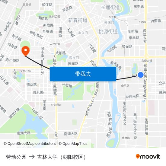 劳动公园 to 吉林大学（朝阳校区） map