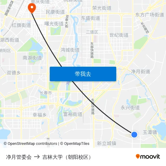 净月管委会 to 吉林大学（朝阳校区） map