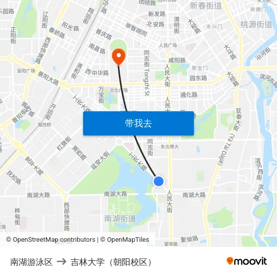 南湖游泳区 to 吉林大学（朝阳校区） map