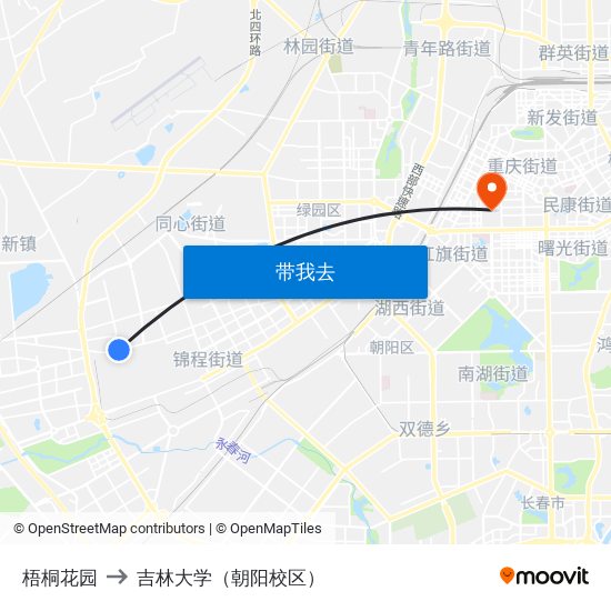 梧桐花园 to 吉林大学（朝阳校区） map