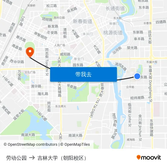 劳动公园 to 吉林大学（朝阳校区） map