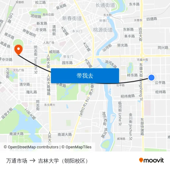 万通市场 to 吉林大学（朝阳校区） map