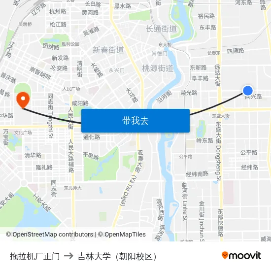 拖拉机厂正门 to 吉林大学（朝阳校区） map