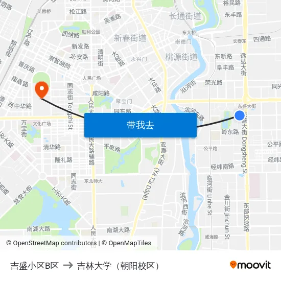 吉盛小区B区 to 吉林大学（朝阳校区） map
