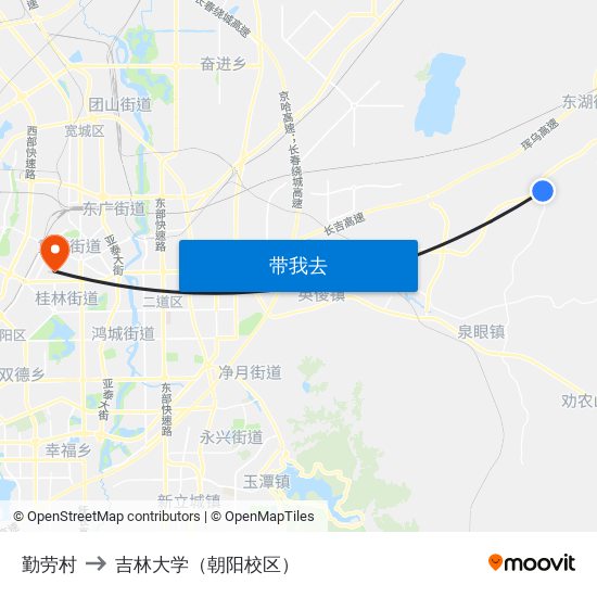 勤劳村 to 吉林大学（朝阳校区） map