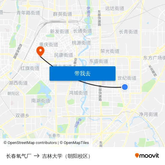 长春氧气厂 to 吉林大学（朝阳校区） map