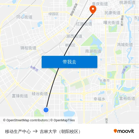 移动生产中心 to 吉林大学（朝阳校区） map