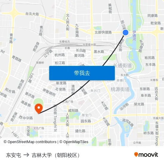 东安屯 to 吉林大学（朝阳校区） map