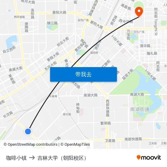 咖啡小镇 to 吉林大学（朝阳校区） map