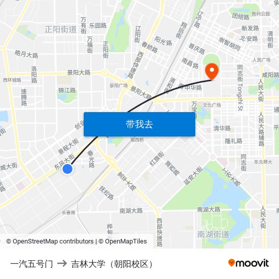 一汽五号门 to 吉林大学（朝阳校区） map